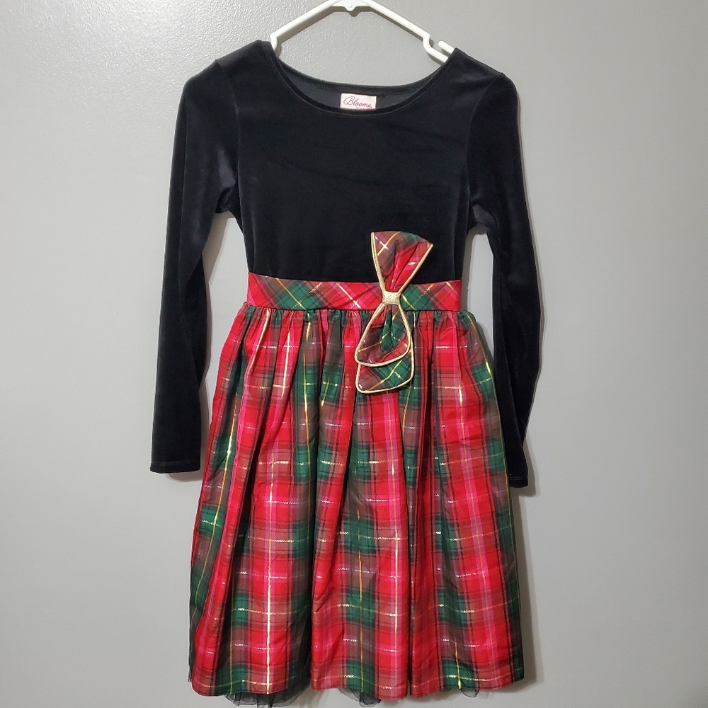 Bloome de Jeune Fille Dress Black Velour Red Green Gold Plaid Girls Size 14